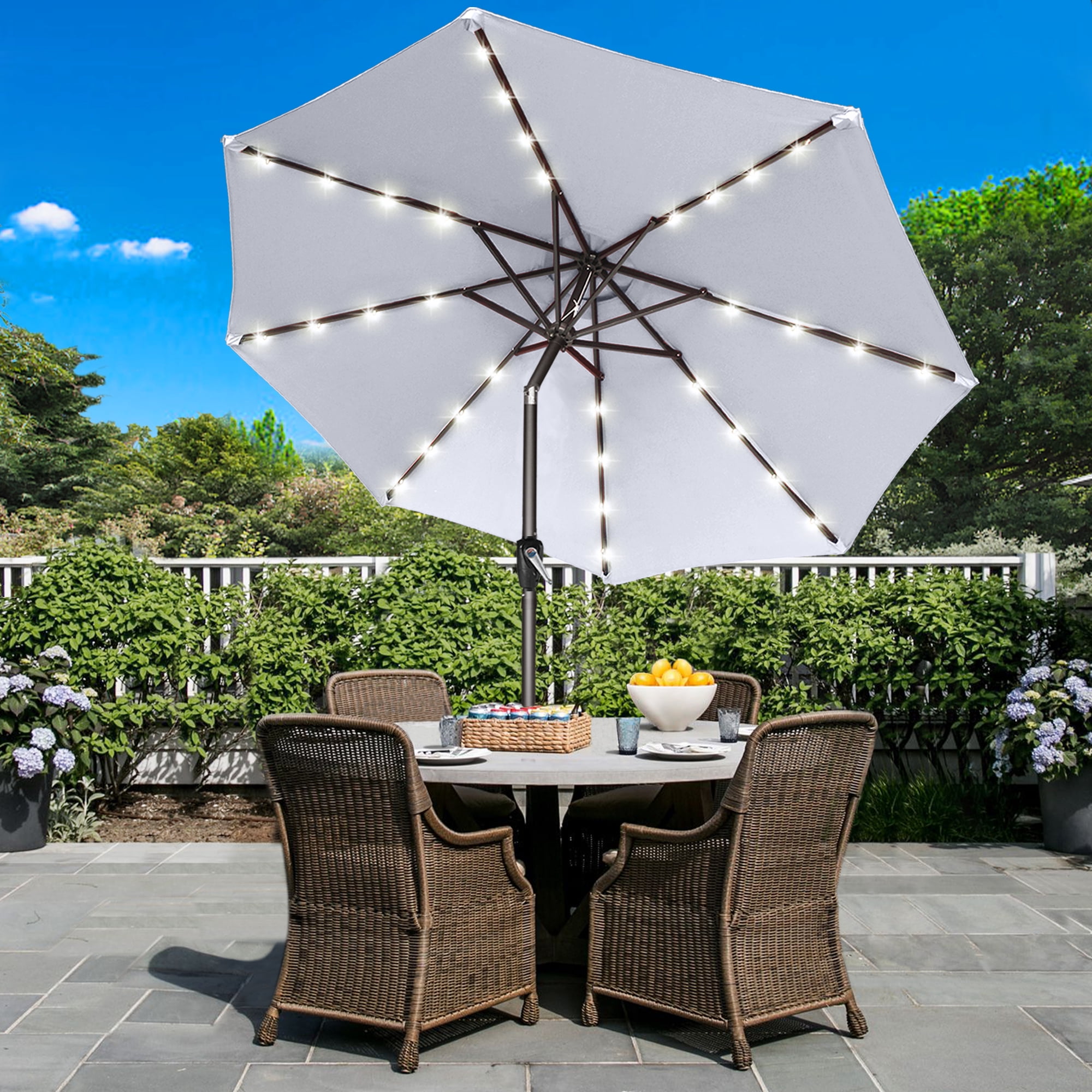 ABCCANOPY 7.5ft Patio Solar Umbrella LED Outdoor Umbrella with Tilt and Crank, Light Gray