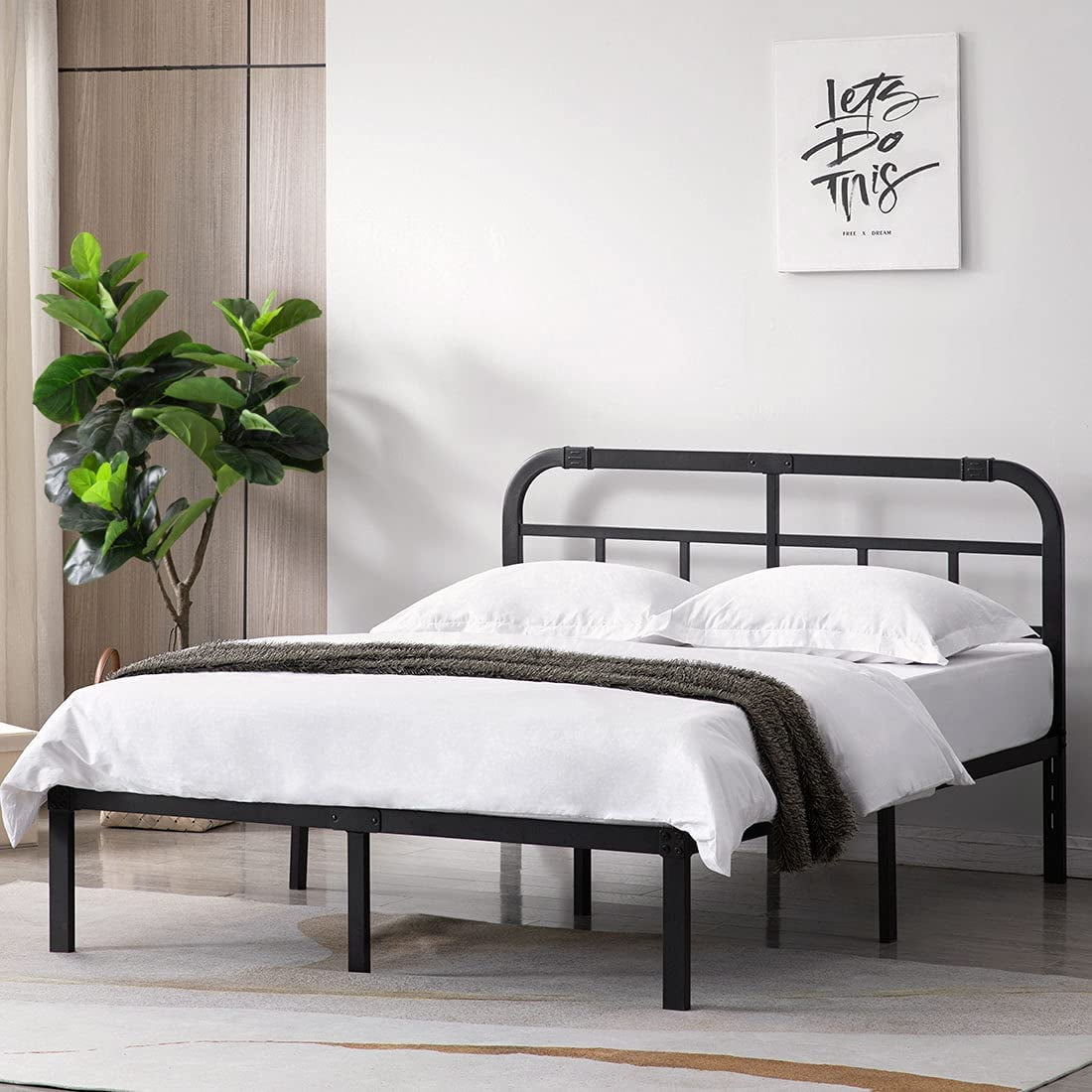 TATAGO Metal Bed Frame Heavy Duty Platform Foundation Queen Size with Headboard 