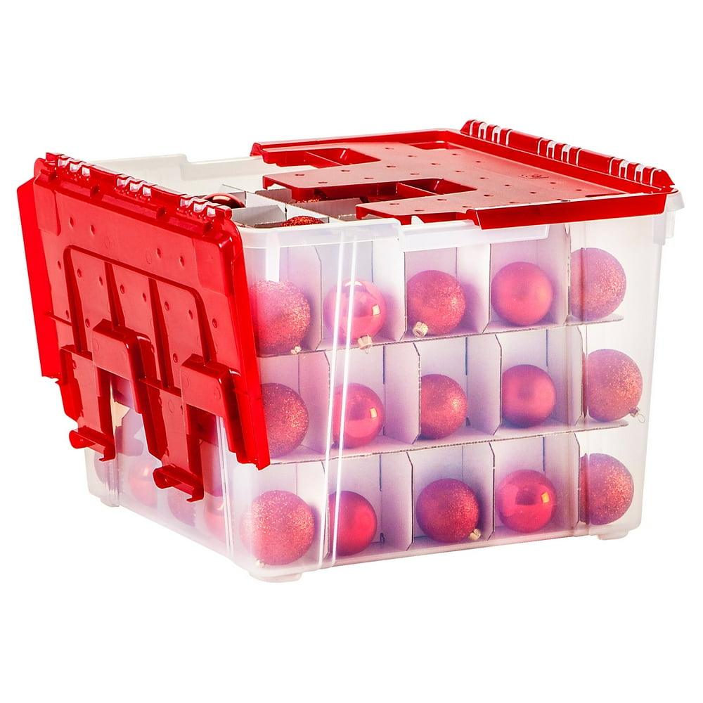 IRIS Wing Lid Holiday Ornament Storage Box with Ornament Divider, Red