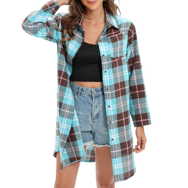 Camisa larga de mujer Botones de manga larga a cuadros Camisas sueltas ocasionales CACAGOO Camisa de las mujeres