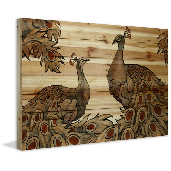 MARMONT HILL 'Peacock Partner Bold II' Painting Print on Natural Pine Wood - Multi-Color 24 x 16