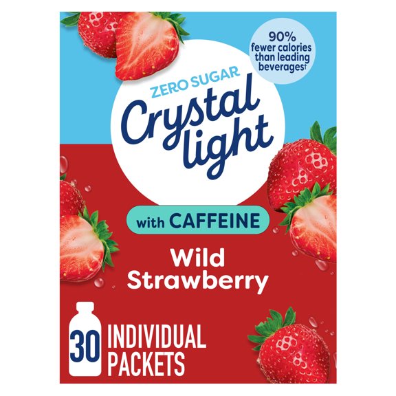 Crystal Light Drink Mix with Caffeine, 30 Packets, for Convenient On-the-Go Flavorful Hydration, Wild Strawberry Artificially Flavored Zero Sugar, 3.3 oz
