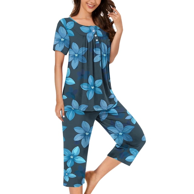 Pisexur Ensembles de Pyjama pour Femmes 2 Pcs Ensemble de Détente Élégant Boho Chemises de Nuit Florales pour Femmes Confort Décontracté Col Rond Manches Courtes Plissées T-Shirts Boutonnés Hauts et Pantalons Longueur Genou avec Poches