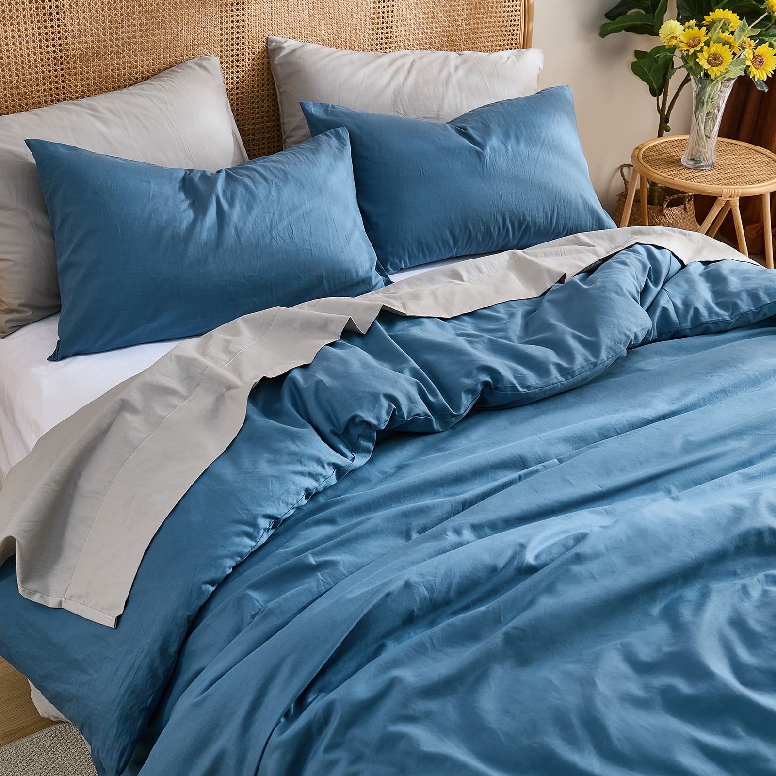 100% Washed Cotton Duvet Cover –Dark Blue, Linen-Like Texture, Super Soft & Breathable Bedding Set, 3-Piece Durable Percale Comforter Cover