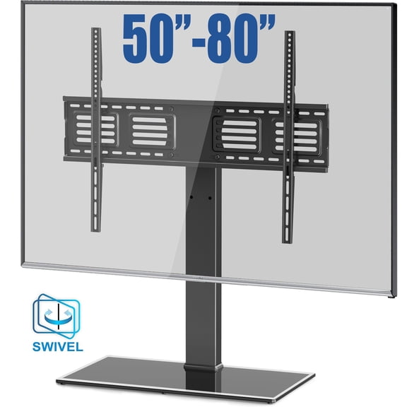 FITUEYES Universal TV Stand/Base Swivel Tabletop TV Stand with Mount for 50 to 80 inch Flat Screen TV 100 Degree Swivel, 4 Level Height Adjustable,Tempered Glass Base,Holds up to 143 lbs Screens