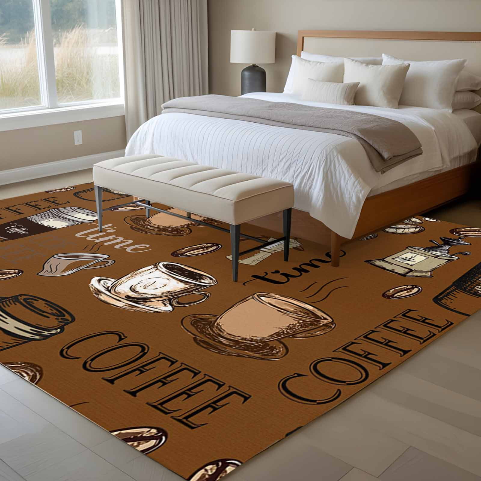 5'x8' Area Rugs, Coffee Theme Indoor Outdoor Area Rug for Living Room Bedroom, Funny Brown Vintage Beans Latte Tea Cup Washable Bathroom Rugs Kitchen Floor Carpet Mats Home Decor Aesthetic