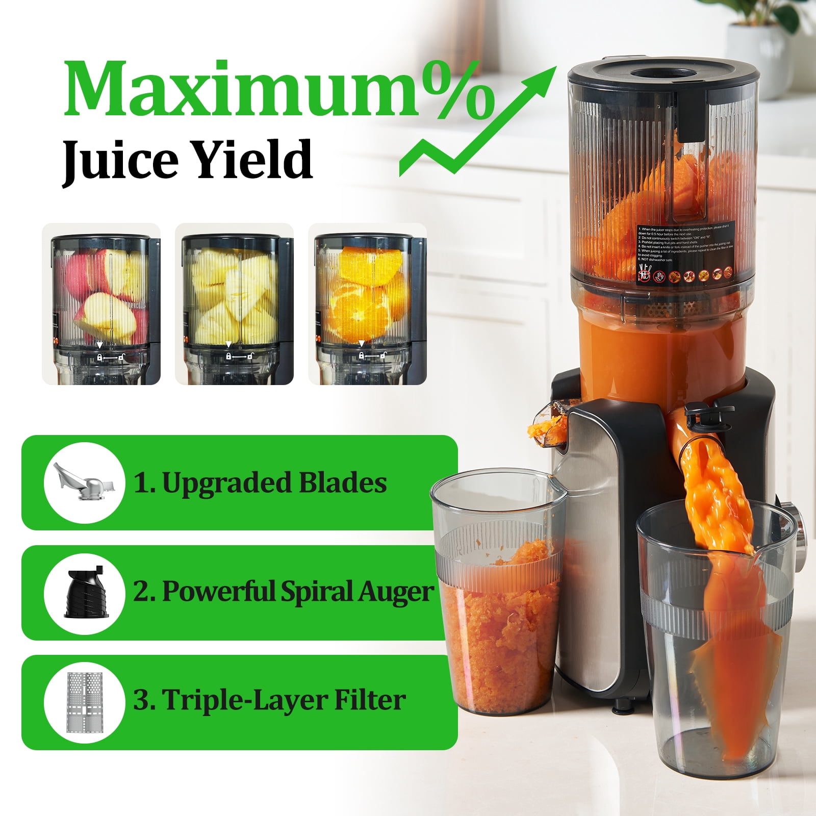 Juicer Machines, TER Cold Press Juicer With 5'' Wide Chute, Stainless Steel Slow Masticating For Vegetables & Fruits, High Juice Yield, Easy To Clean, Includes 2 Cups, Silver