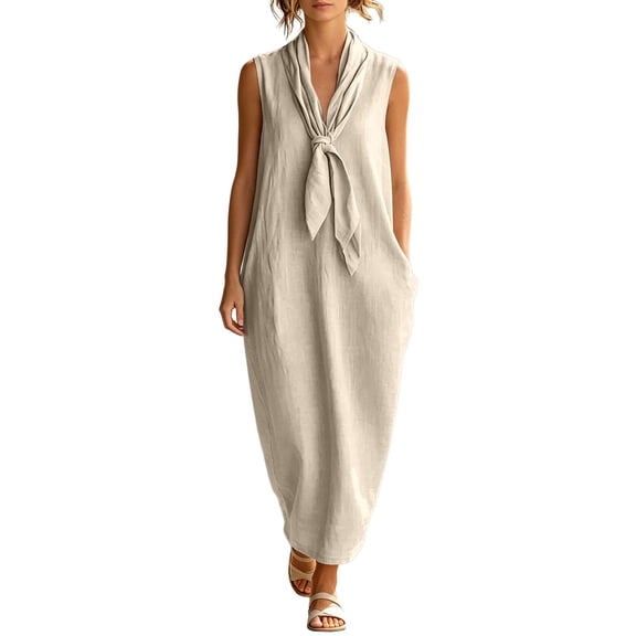 Bysome Women Dress Solid Color Sleeveless Tie Neck Dresses Summer Casual Women Dresses Size L Beige