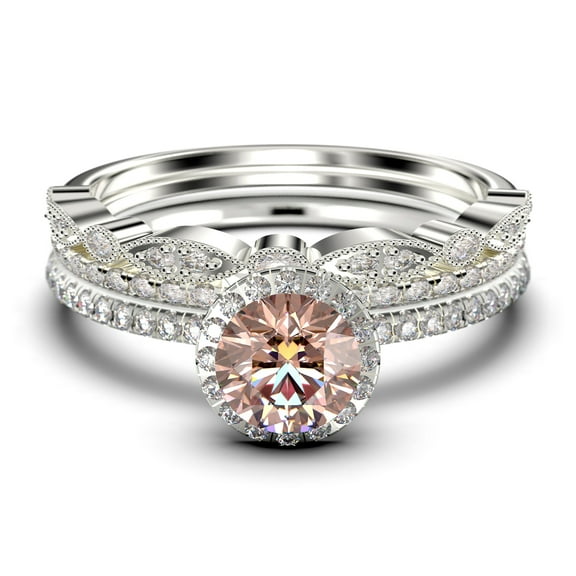 Dainty Art Deco 2.25 Carat Round Cut Morganite And Diamond Moissanite Engagement Ring, Wedding Ring in 925 Sterling Silver, White Gold Plating Trio set