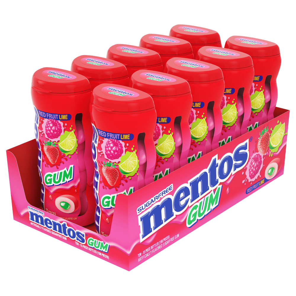 Mentos SugarFree Chewing Gum, Red Fruit Lime, 15 Piece Bottle, Pack of