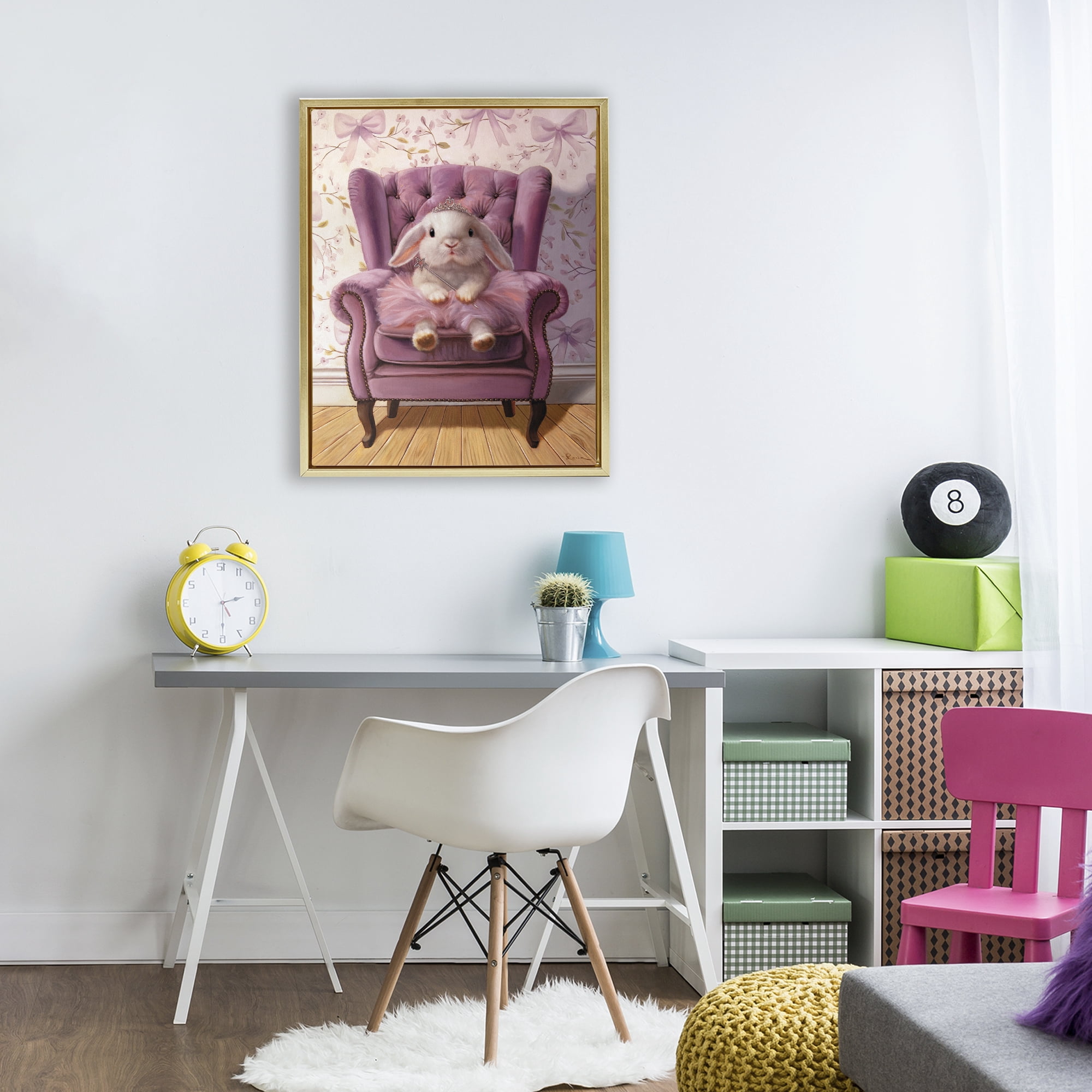 Pink Princess Tutu Bunny Gold Framed Floater Canvas Wall Art, design by Lucia Heffernan