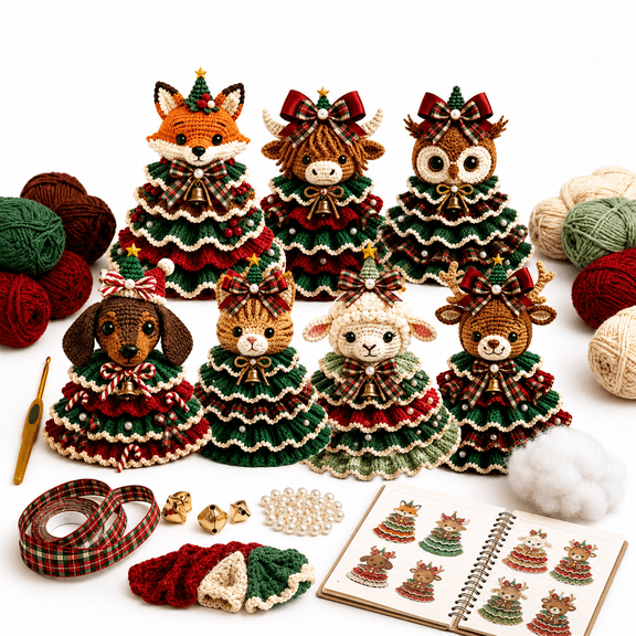 Crochet Animal Christmas Tree DIY Kit, Cute Animal Crochet Craft Set for Holiday Decorating, Handmade Christmas Tree Crochet Project for Adults Beginners and Craft Lovers