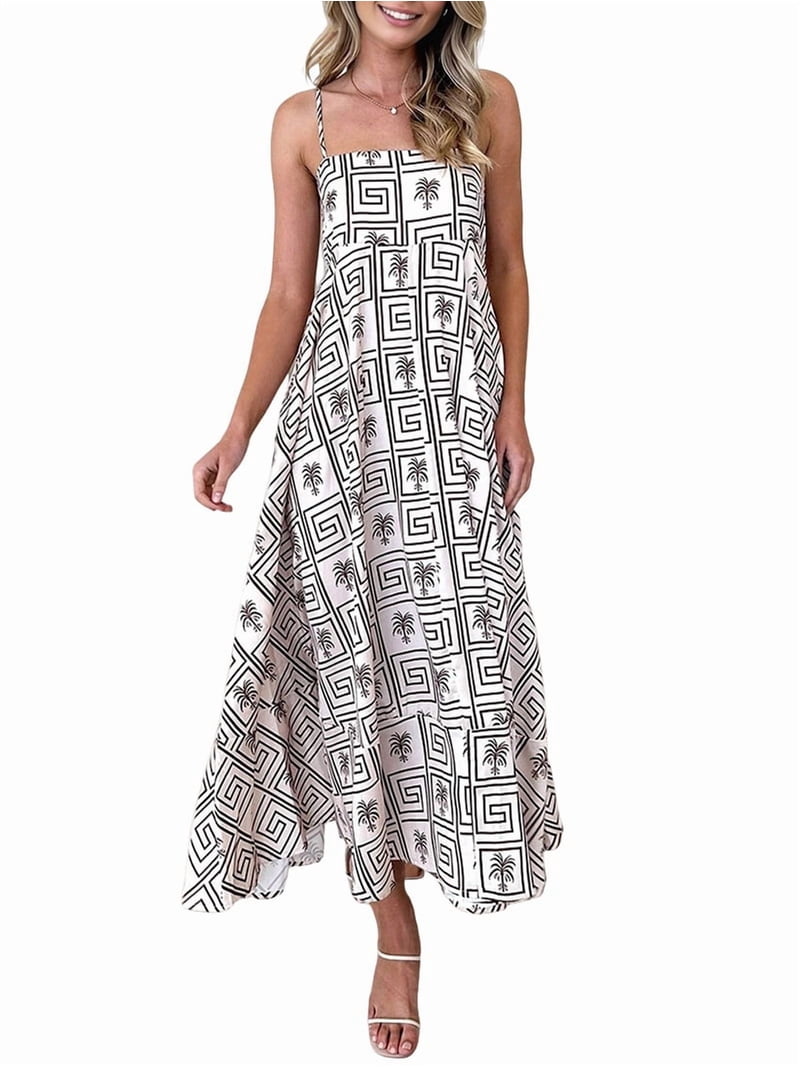 Women Graphic Maxi Dress Spaghetti Strap Floral Boho Long Dress Flowy  Summer Holiday Beach Dress Squares M - Walmart.com