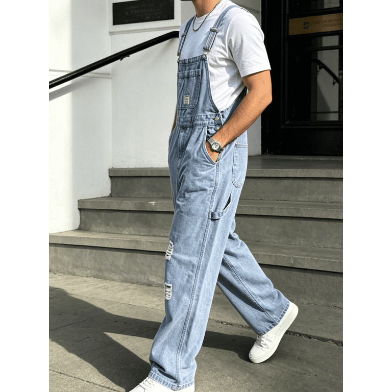 Men's Distressed Ripped Light Wash Denim Bib Overalls - Classic 5