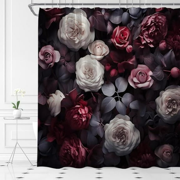 Black Boho Floral Shower Curtain Retro Flower Blossom Rustic Bright Watercolor Botanical Rose Peony Vintage Leaves Spring Plant Bath Curtain Bathroom Decor Set With Hooks 54"W x 72"L
