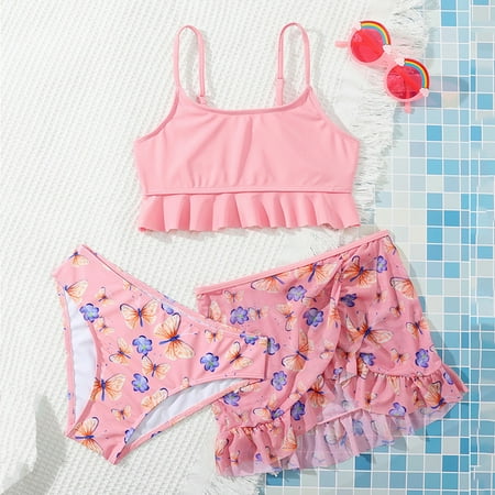 GYRATEDREAM 8-12Y Girl s 3 Piece Swimsuits Floral Printed Bikini Bathing Suit with Cover Up Skirts