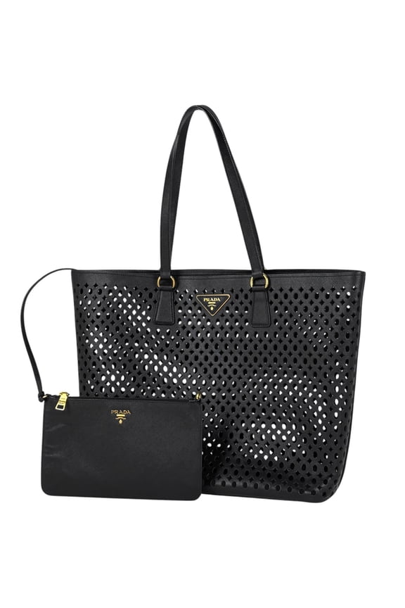 Pre-Owned Prada logo plate tote bag, punched leather handbag, nero (black) for women. (Fair)