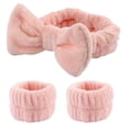 thumbnail image 1 of Zhuge Juego de 3 piezas de diademas de spa, muñequeras, puños para lavarse la cara para evitar derrames de líquidos, cintas para el cabello, muñequeras de toalla para mujeres (rosa coreano), 1 of 5