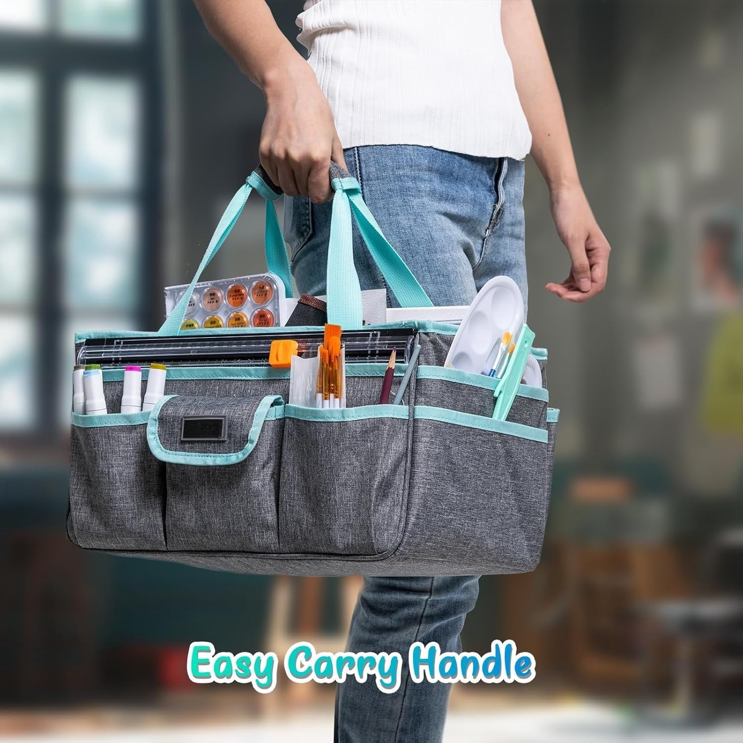 Art  Organizer Tote Bag - Craft  with Handle, Utility Storage Tote with Multiple Pockets & Adjustable Divider for Sewing, Scrapbooking, School, Office,  Supplies