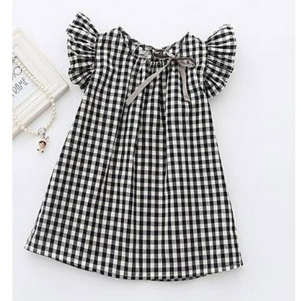 Summer Newborn Baby Girl Flying Sleeve Black and White Plaid Bow