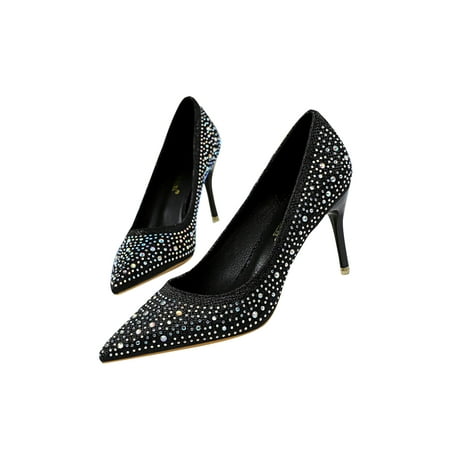 

Ferndule Ladies Stiletto Heel High Heels Casual Rhinestones Dress Shoes Fashion Pointed Toe Pumps Black 7