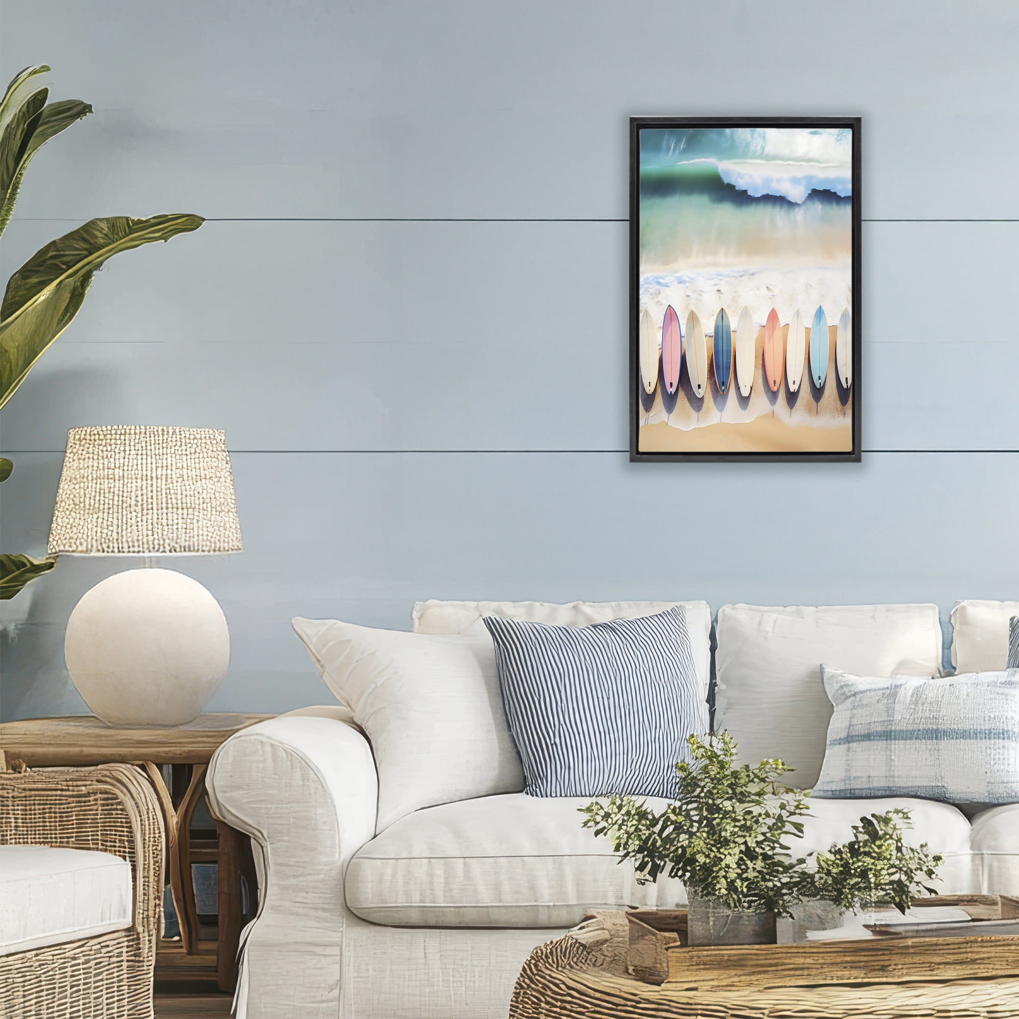 Stupell Industries Aerial View Surfboards Shoreline Black Framed Floater Canvas Wall Art, design by Creative Studio