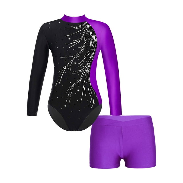 renvena Girls Gymnastics Leotards and Shorts Set Rhinestone Long Sleeve Ballet Unitard Biketards Purple 14