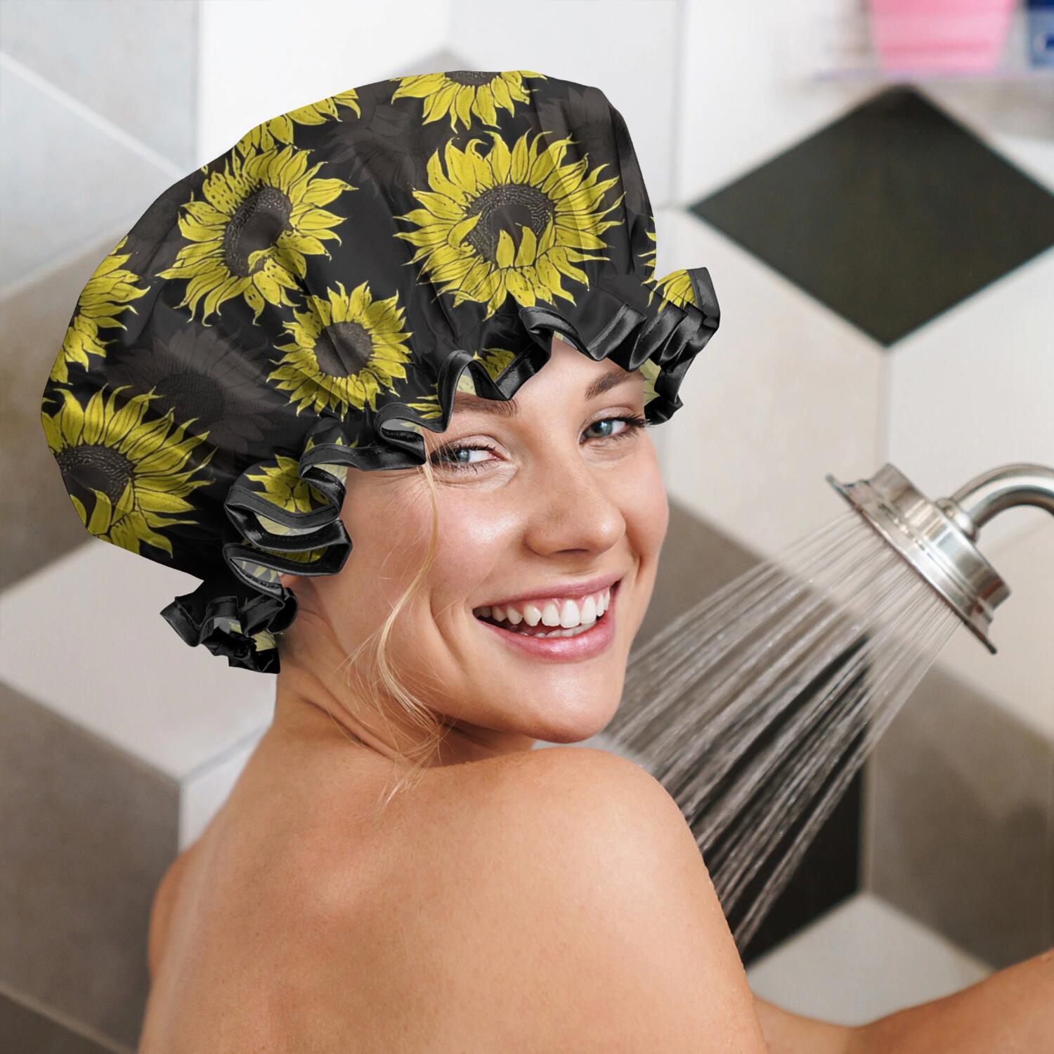 Shower Caps,Black Sunflower Pattern Waterproof Shower Cap for Women 4 Pieces,Double Reusable Hair Cover for Shower PEVA Elastic Stretch Hem