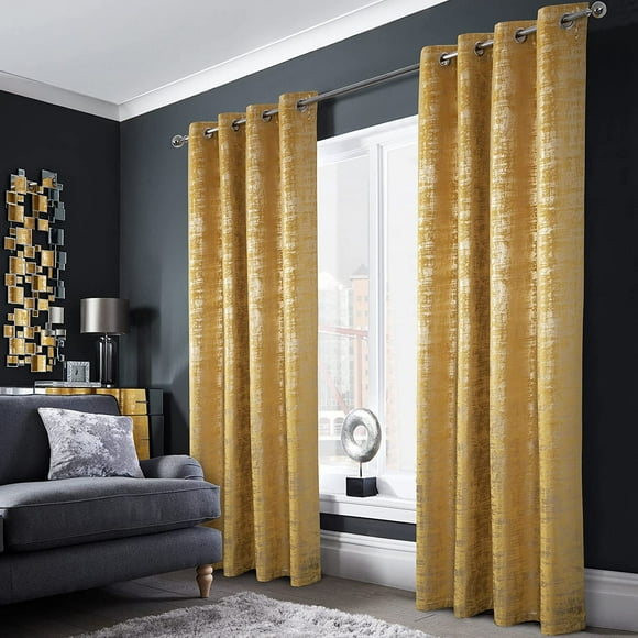 always4u Yellow Soft Velvet Curtains 84 Inch Length Luxury Bedroom Curtains Gold Foil Print Window Treatments for Living Room Set of 2