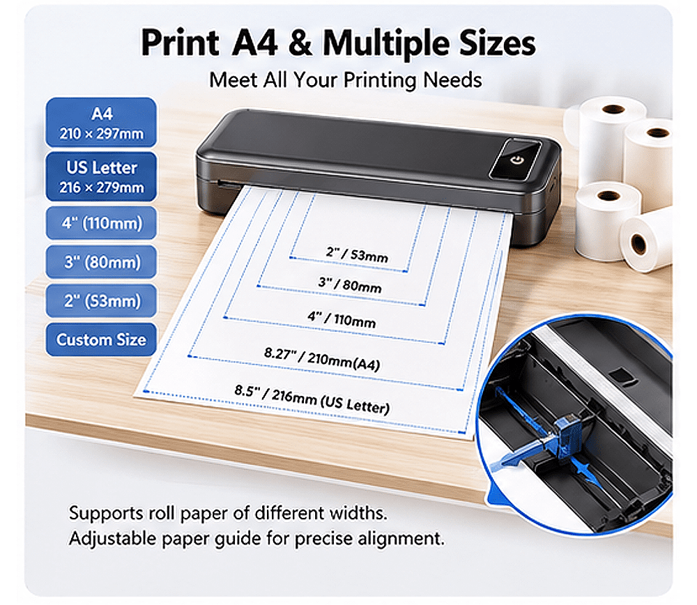 Phomemo Upgraded Portable Printers Wireless for Travel, Bluetooth Inkless Thermal Printer Support 8.5" X 11" US Letter, Mobile Printer for Phone Laptop, for Home Office Receipt, with 4 Rolls Paper