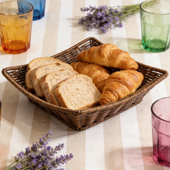 Yhmxh Wicker Bread Baskets, Rectangular Display Baskets, Hand Woven Food Storage Room Organizer, Imitation Rattan Fruit Basket for Fruit Vegetables Snack Decorative Kitchen Restaurant
