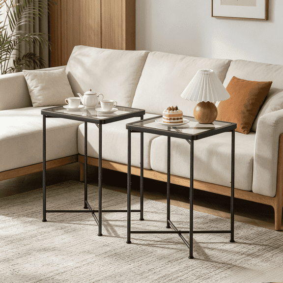 Set of 2 Glass Top Accent End Table with Sturdy Metal Frame, Compact Indoor & Outdoor Side Nightstand for Living Room, Bedroom, Patio & Small Spaces