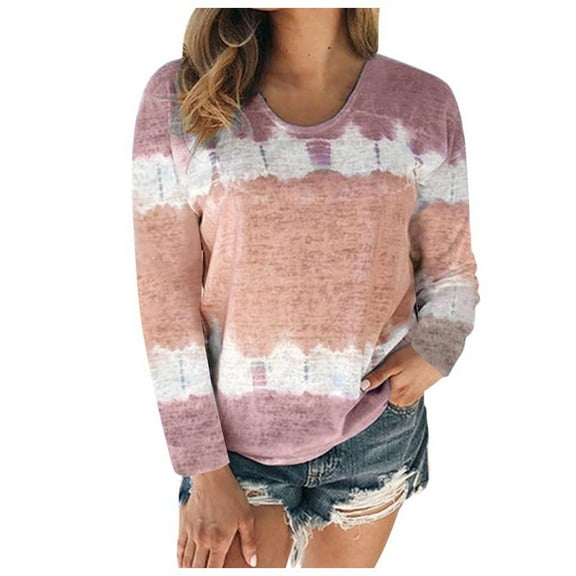 Women's Color Block Tie-Dye Patchwork Crew-Neck T-Shirt Casual Tee Tops（S-5XL）