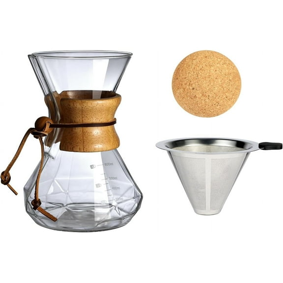Pour Over Coffee Maker With Wood Sleeve，20oz/600mlPour Over Coffee Dripper,Pour Over Coffee Maker Set With Cork Stopper (20oz/600ml)