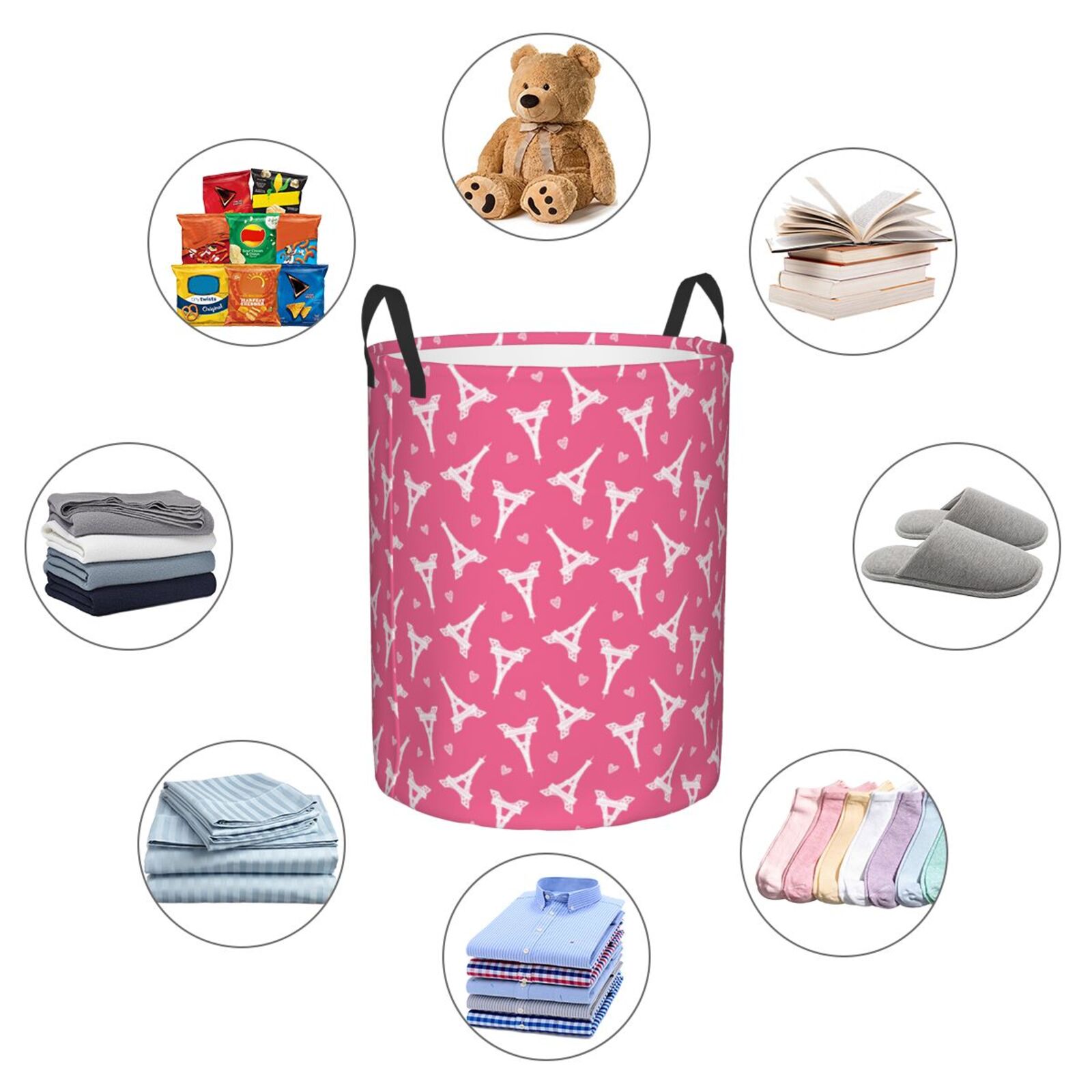 Large Laundry Basket with Handles - pink Eiffel Tower Kids Baby Dirty Clothes Laundry Hamper for Bedroom Aesthetic