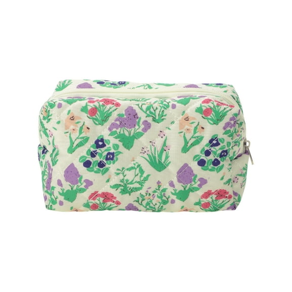 Unique Bargains 1 Pc Quilted Square Flowers Makeup Bag Purple Green Polyester