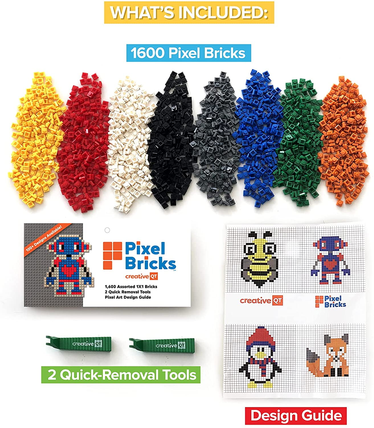 Creative qt Pixel Bricks Mosaic Kit: 1600 1x1 Building Bricks in 8 Classic Colors - Nano Blocks Art Set for Adults/STEM Toy Play