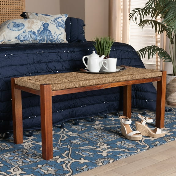bali & pari Hermes Seagrass and Mahogany wood Transitional Bench, Walnut Brown