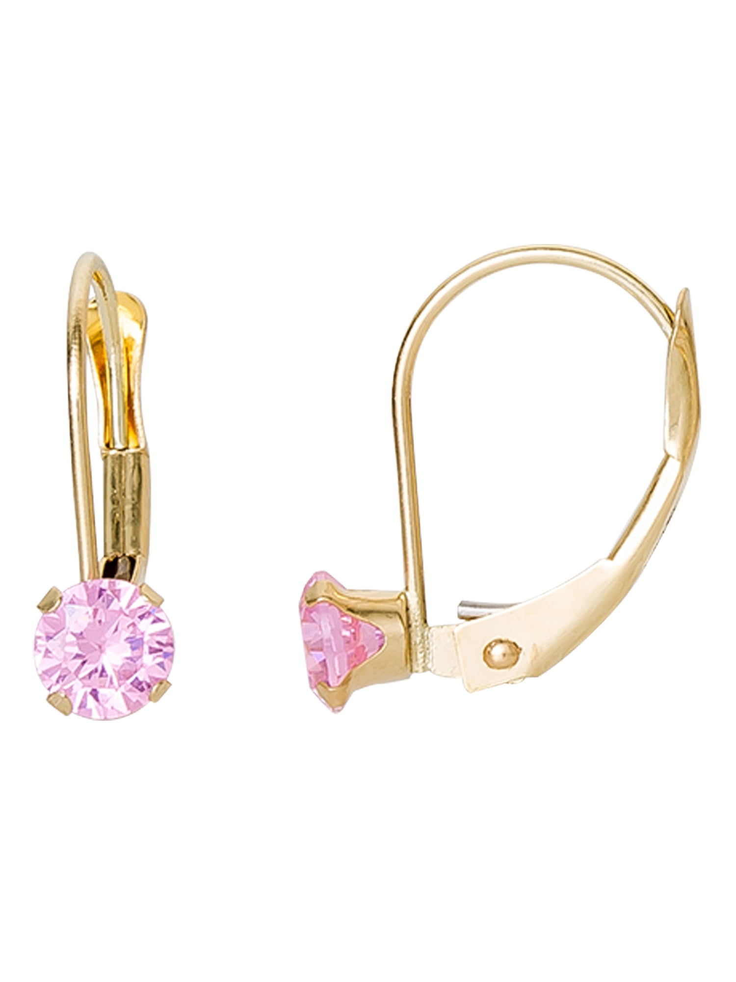 Brilliance Fine- Girl’s/Tween14K Yellow Gold Round Pink CZ Lever back Earrings