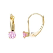 Brilliance Fine- Girl’s/Tween14K Yellow Gold Round Pink CZ Lever back Earrings