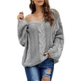 thumbnail image 2 of Women's Off Shoulder Long Sleeve V-Neck Ribbed Cable Pullover Sweaters Loose Fitting Jumper Tops, 2 of 6