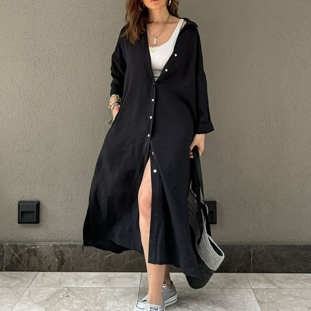 Vestido camisero largo con solapa para mujer Vestido camisero con abertura lateral elegante Vestido camisero suelto para la playa Hugtrwg Para estrenar