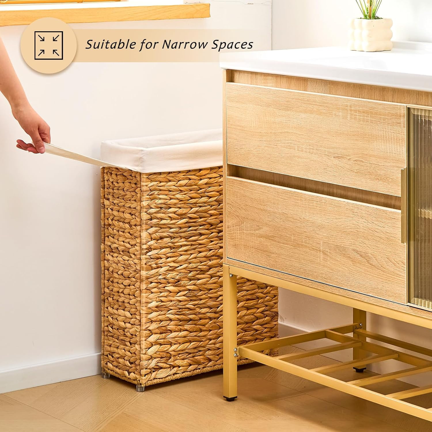 Casa Pura Furniture 55L Slim Handwoven Water Hyacinth Laundry Hamper, Narrow Wicker Laundry Basket with Handles, Removable Liner & 2 Mesh Bags