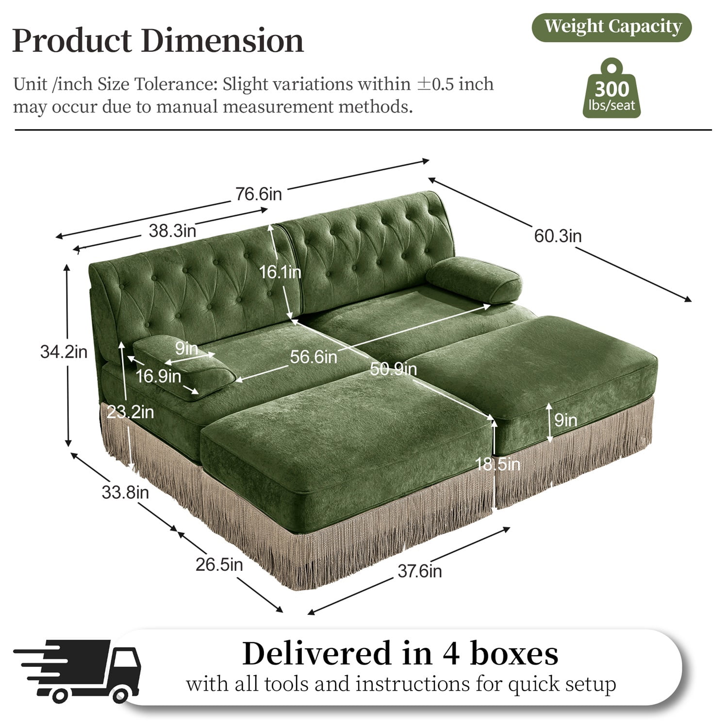 Hommoo 2-Seater Chesterfield Style Velvet Fabric Sofa Couch set with 2 Ottomans, Tufted Button Upholstered Design and Floor-grazing Tassel, Free Combination Sectional Sofa, for Home, Green