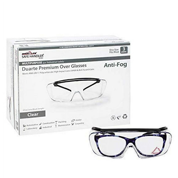 SAFE HANDLER Duarte Premium Over Glasses 3 PAIRS | ANSI Z87.1, Impact Resistant Polycarbonate Lens, UV400, Anti-Fog & Anti-Scratch, Box of 3