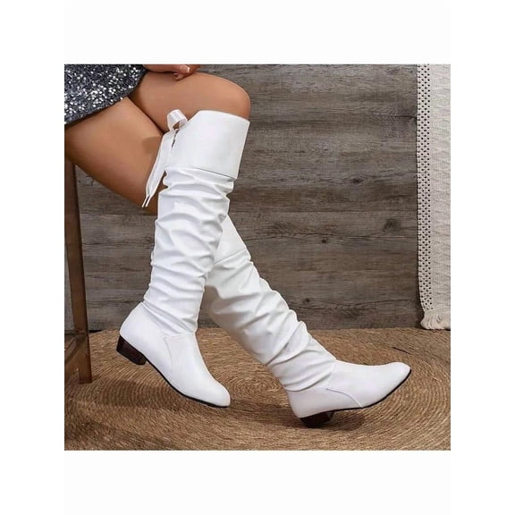 Women's Slouchy Long Pleated Boots - Outdoor Shoes with Suede Lining, PU Upper, Rubber Sole, Medium Square Heel