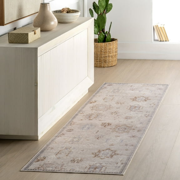 nuLOOM Vivica SplashGuard Faded Medallion Machine Washable Area Rug, 2' 6" x 10', Runner, Vivica Beige