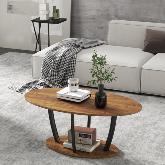 Manora 2-Tier Oval Coffee Table with Storage Shelf for Living Room Bedroom, Red Oak Wood Grain and Black Metal