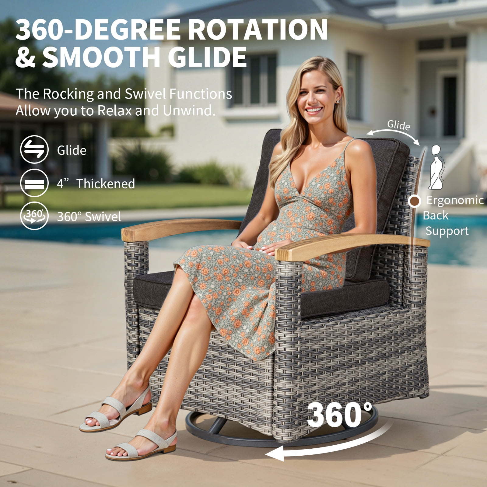 MEISSALIVVE 6 Pieces Patio Furniture Sets, Wicker Patio Conversation Sets with 4 Wood Armrests Swivel Glide Chairs，Outdoor Conversation Set for Deck Yard and Poolside (Black)