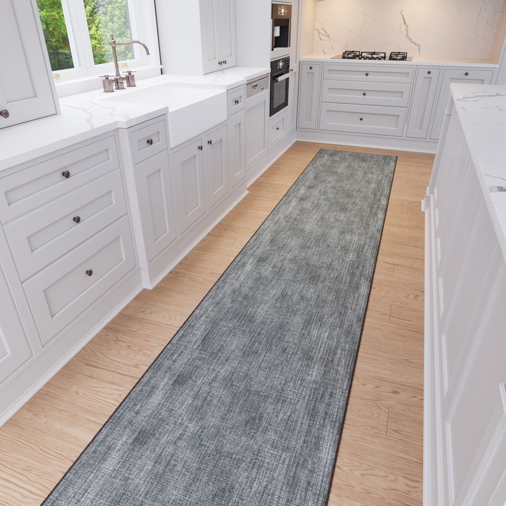 Ottomanson 2-Piece Kitchen Rug Set, Non-Slip Washable Hallway Runner & Floor Mat for Sink 22.5" x 48" + 22.5" x 60" Solid Brown